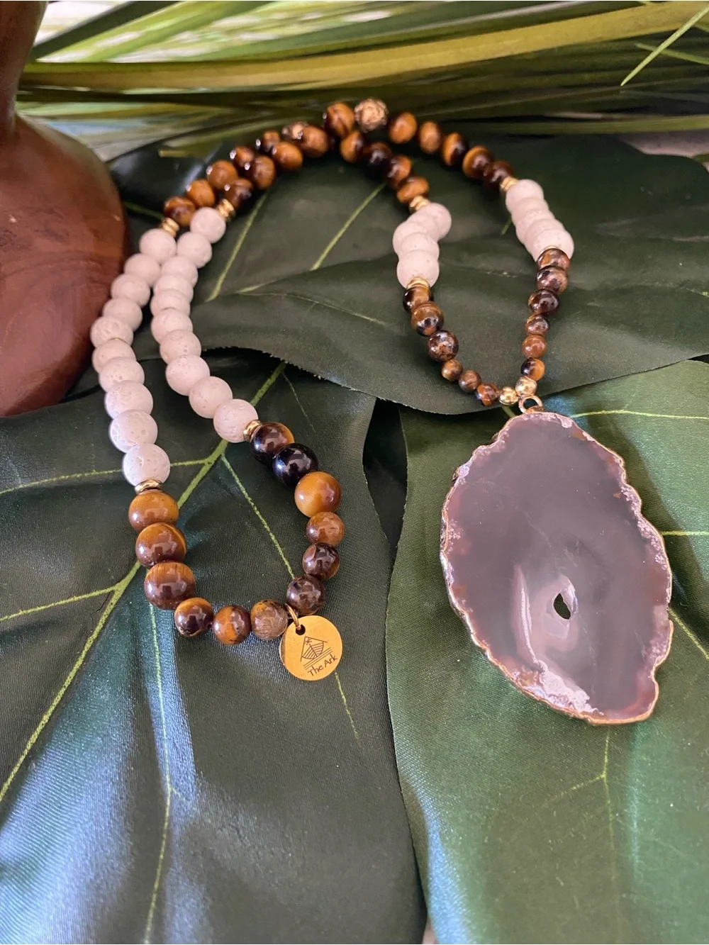 “The Ark Legacy” Handmade Beaded Tiger Eye & White Agate Pendant Necklace